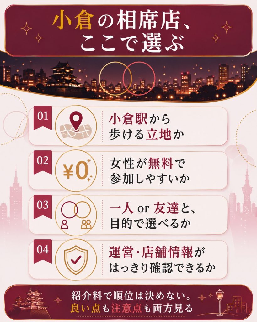 小倉の相席店を選ぶ4つの判断軸を整理した図