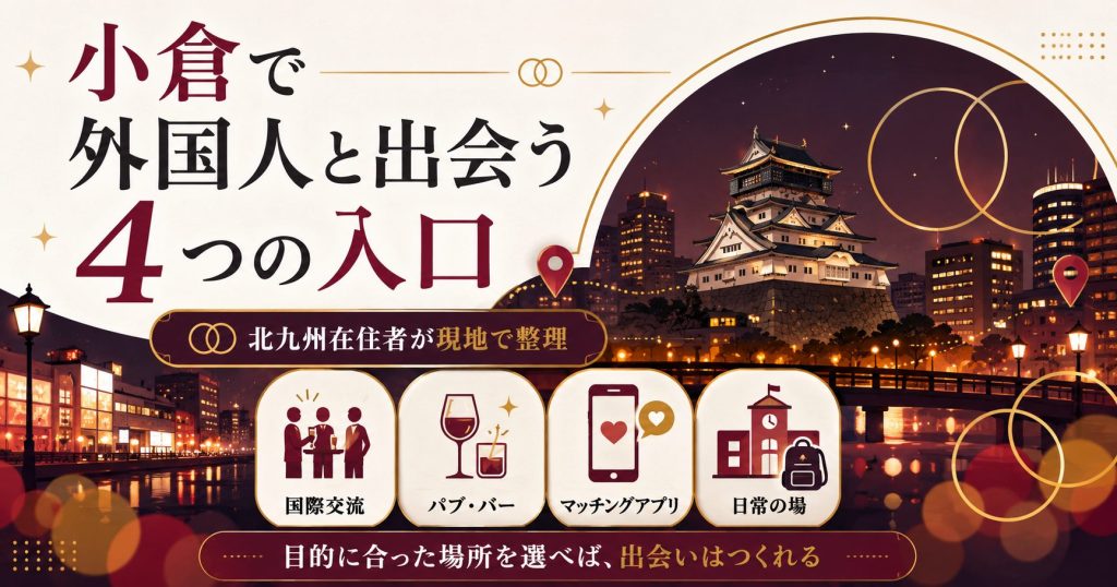 小倉で外国人と出会う4つの入口を夜の街のイラストで示したアイキャッチ図解