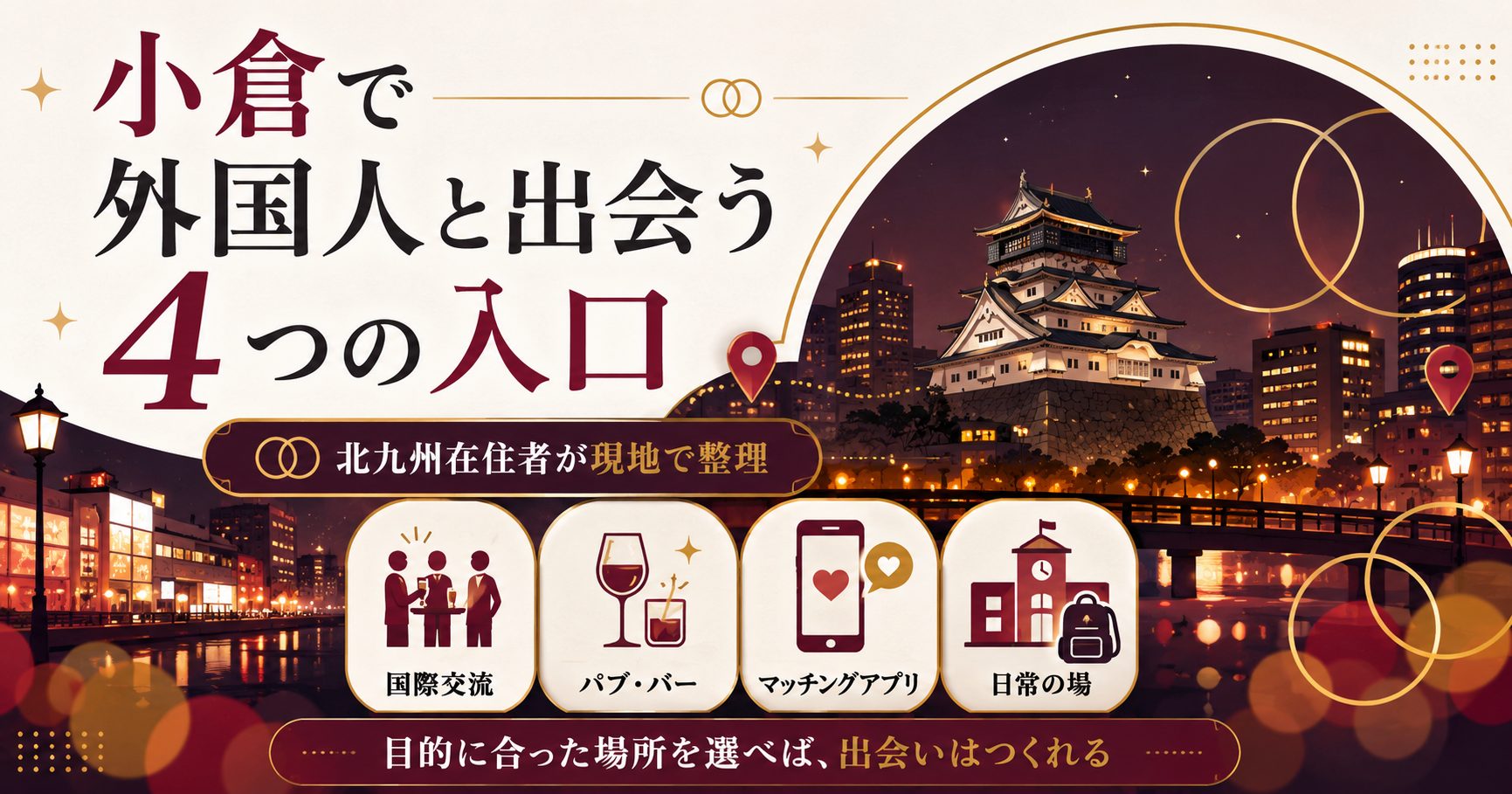 小倉で外国人と出会う4つの入口を夜の街のイラストで示したアイキャッチ図解