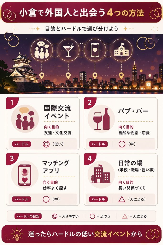 小倉で外国人と出会える4つの方法を目的とハードルで整理した比較図解