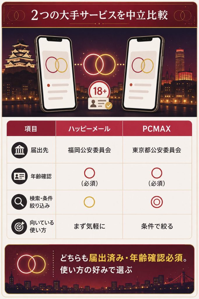 2つの大手出会い系サービスを届出先や年齢確認など中立項目で比較した図解