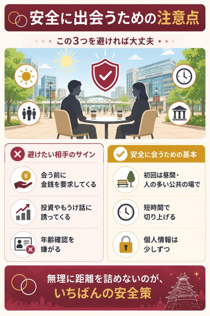 出会いの場で避けたい相手のサインと安全に会うための基本をまとめた図解