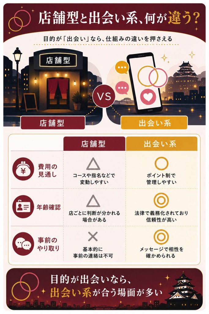 小倉での出会い方として店舗型と出会い系を費用・年齢確認・事前連絡の観点で中立比較した図解