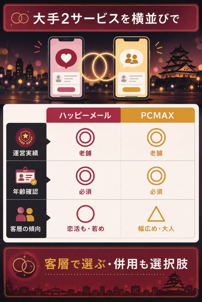 ハッピーメールとPCMAXを運営実績・年齢確認・客層の傾向で中立比較した図解