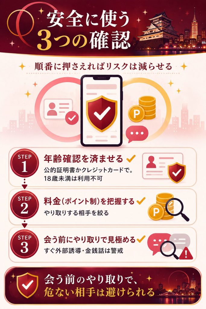 出会い系を安全に使うための年齢確認・料金把握・相手の見極めの3つの確認を示した図解