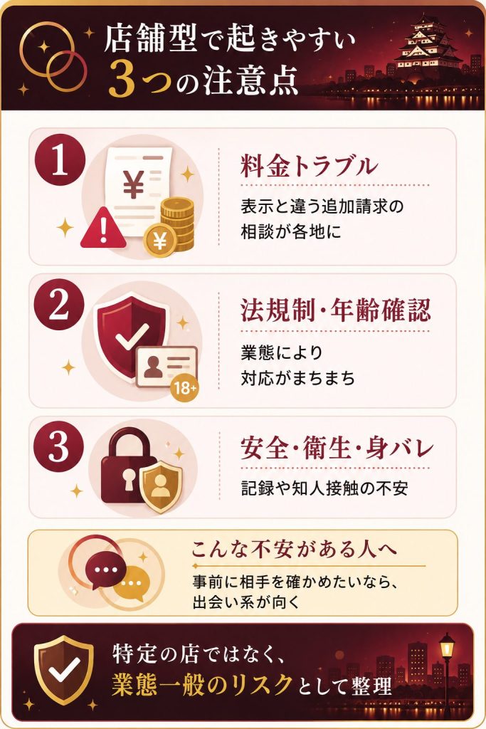 店舗型サービスで起きやすい料金・法規制・身バレの注意点を業態一般のリスクとして整理した図解