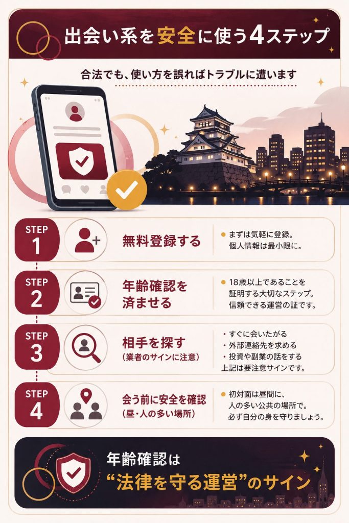 出会い系アプリを安全に使う4つの手順の図