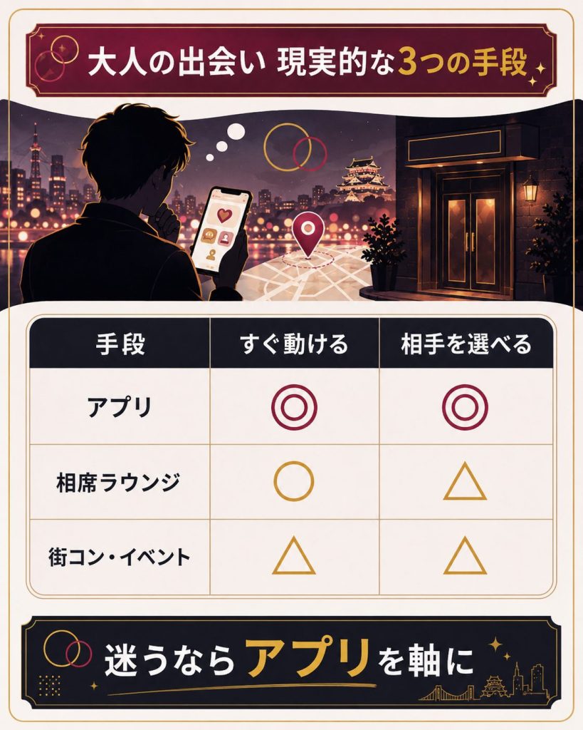 小倉で大人の出会いを探す3つの手段を比較した図解