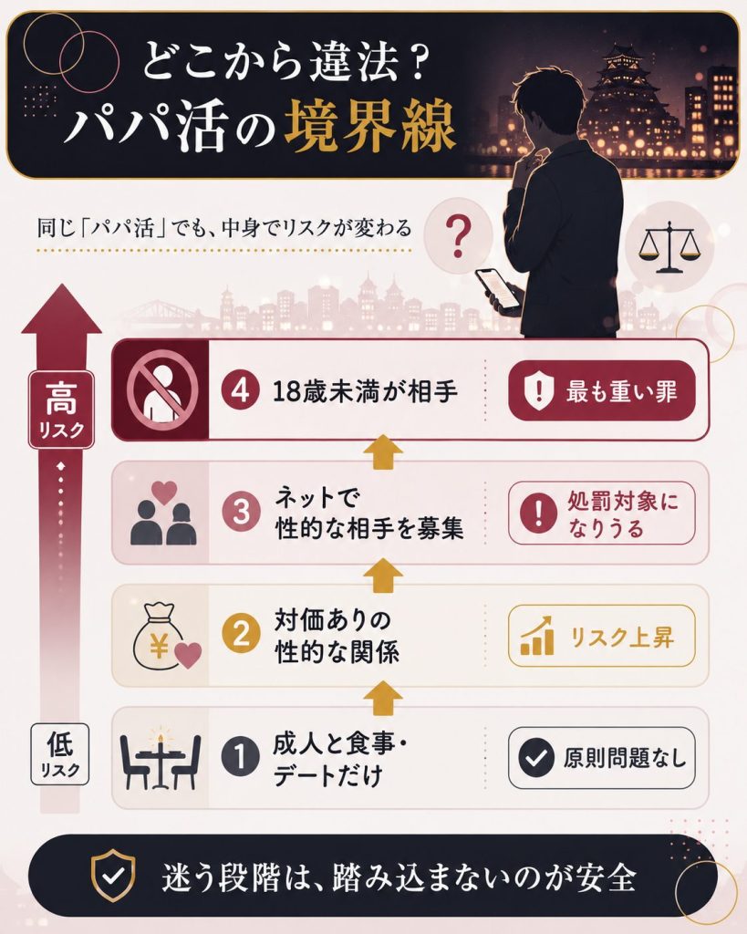 パパ活がどこから違法になるかの境界線を段階で示した図解