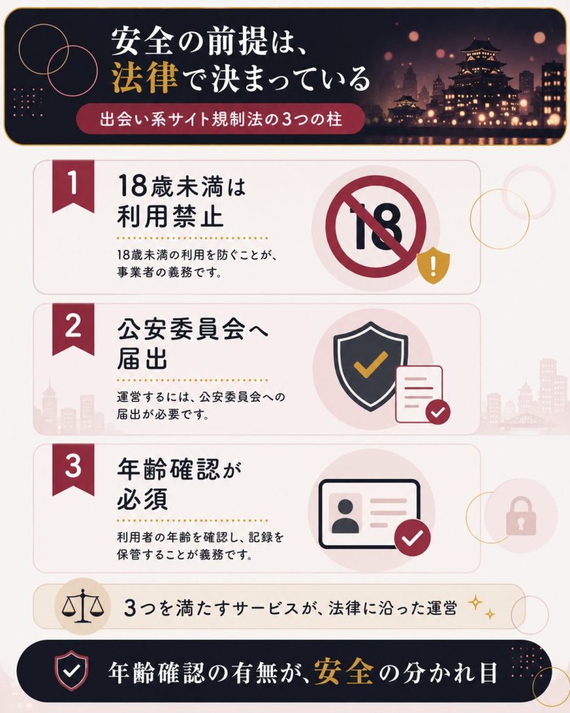 出会い系サイト規制法の届出と年齢確認の義務を示した図解