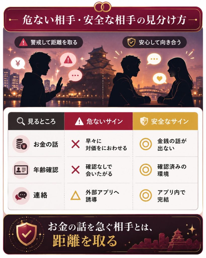 危険な相手と安全な相手の見分け方を対比した図解