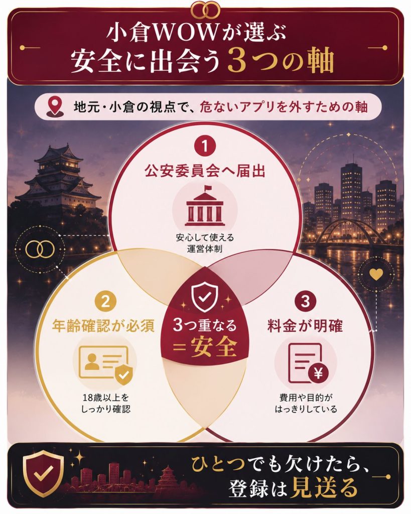 安全に出会うための届出・年齢確認・料金の3つの軸の図解