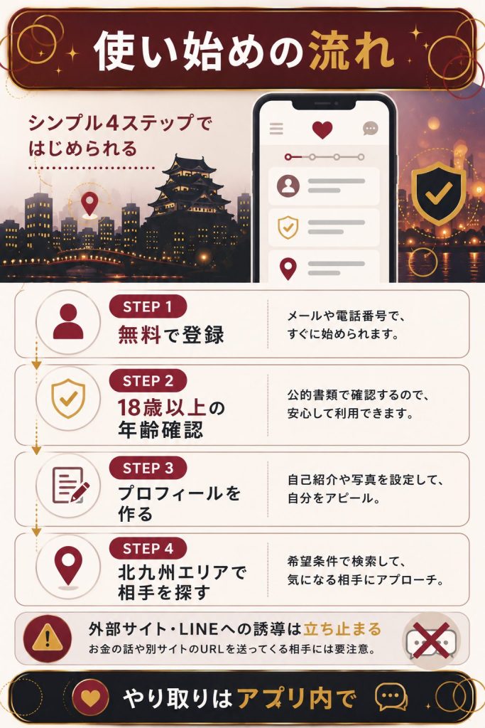 出会い系アプリの登録から相手探しまでの流れ図