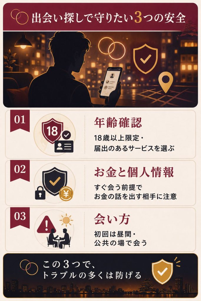 出会い探しで気をつけたい安全のポイントを示す図解