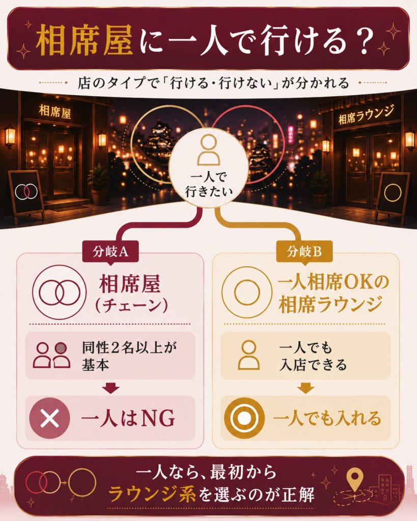一人で相席屋に行けるかを店のタイプ別に示す判断フロー図
