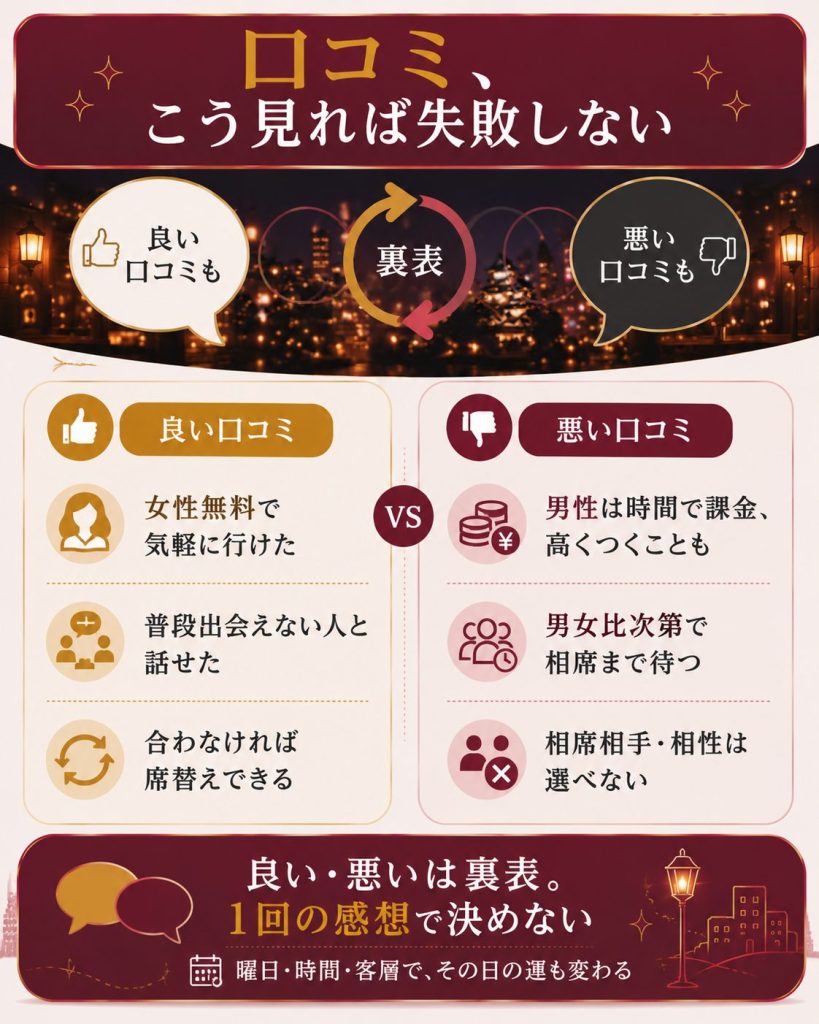 相席屋の良い口コミと悪い口コミを両論併記で示す図
