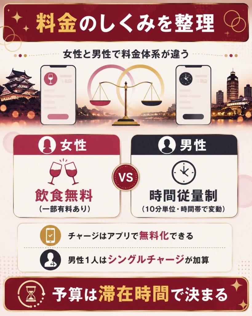 女性無料と男性時間制を比べた料金のしくみ図