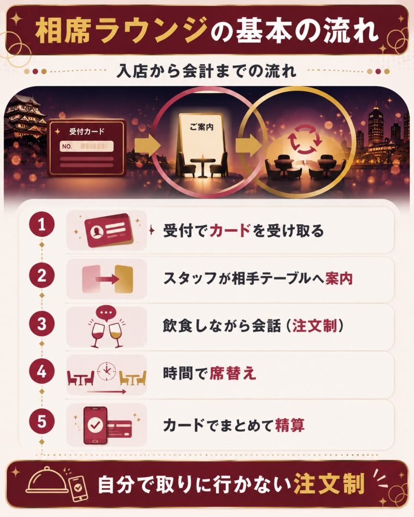 相席ラウンジの入店から会計までの流れ図