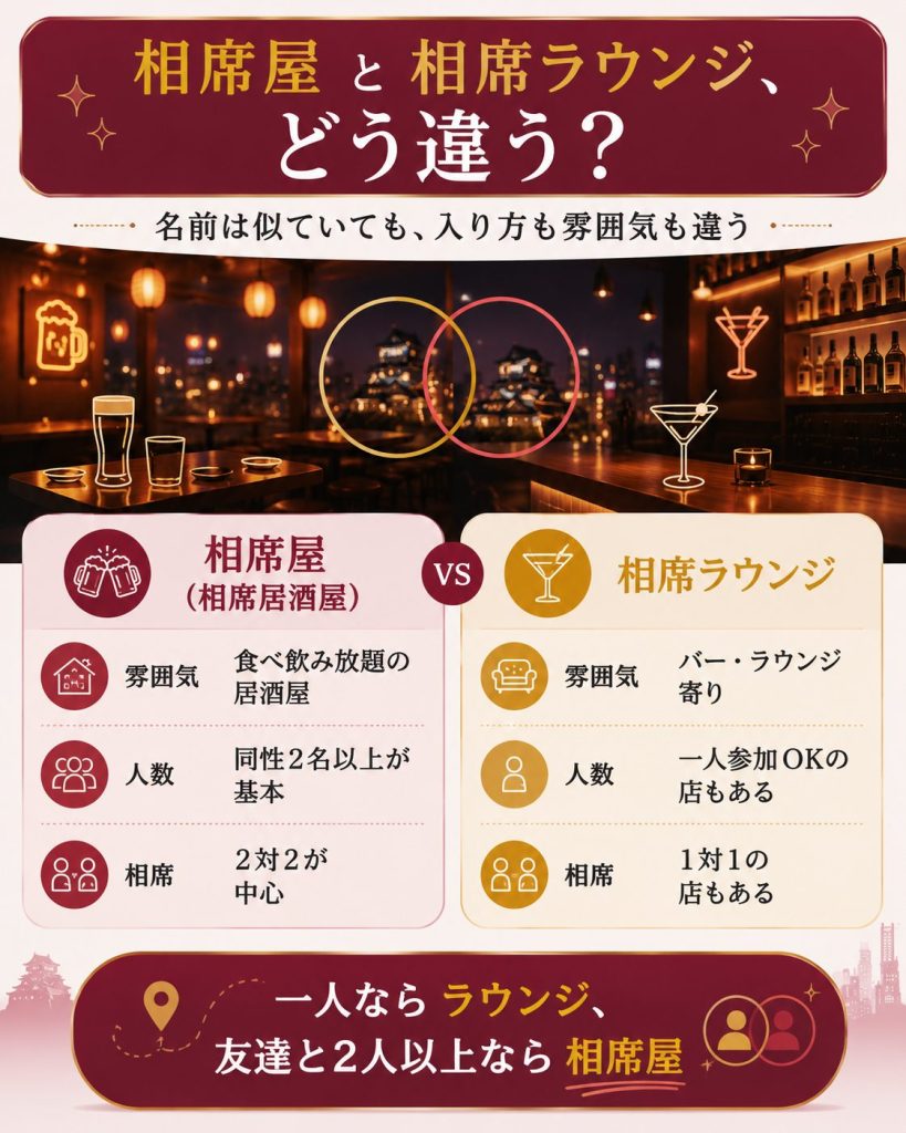 相席屋と相席ラウンジの雰囲気と人数の違いを対比した図