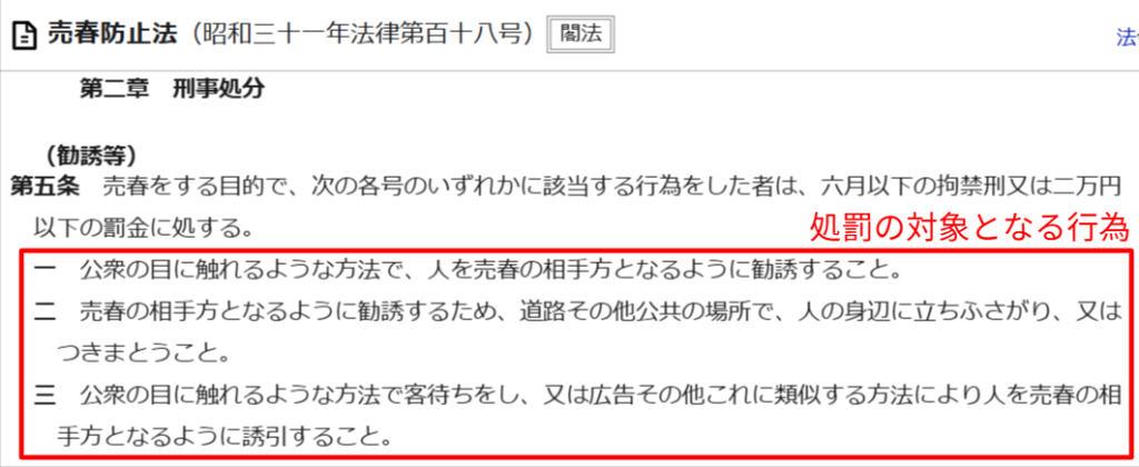 売春防止法第5条の勧誘・客待ちの条文画面