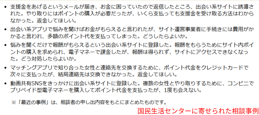 国民生活センターの出会い系トラブル相談事例の画面