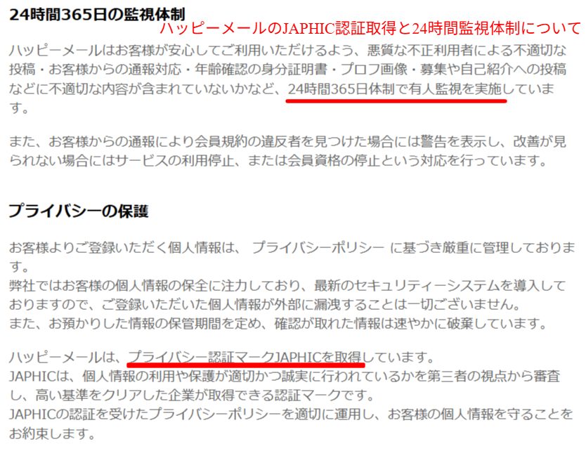 ハッピーメール公式の安心・安全ページに記載されたJAPHIC認証取得と24時間監視体制